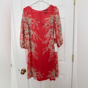 Adrianna Papell Red and Cream Floral Long Sleeve Dress